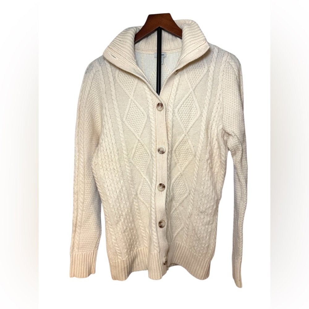 L.L. Bean Women's 80% Fine Merino Wool Ivory Cable Knit Cardigan Sz L EUC